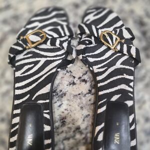Zara Black and White Zebra Print Mules with Gold Buckles